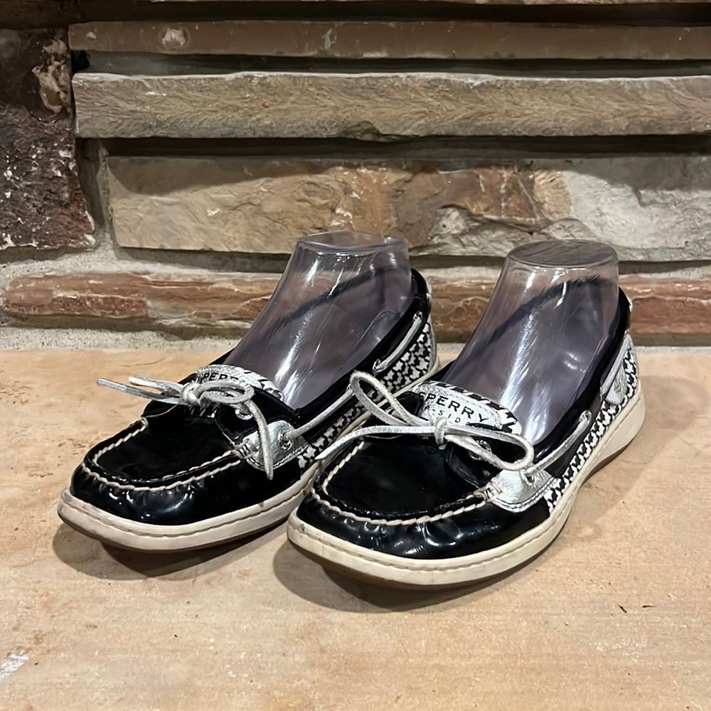 Sperry Top-Sider Black Patent Leather and Houndstooth Boat Shoes